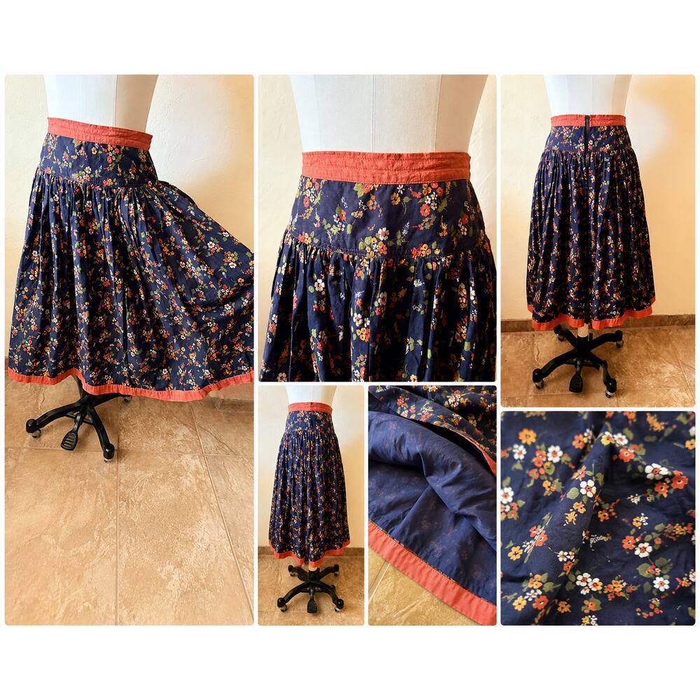 Vintage 70s 80s Floral Prairie Midi Skirt Black Coral Boho Cottagecore S - Picture 2 of 7